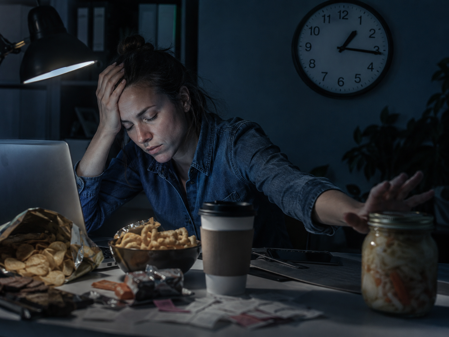 microbiote perte de poids erreurs édulcorants stress femme fatiguée bureau nuit snacks
