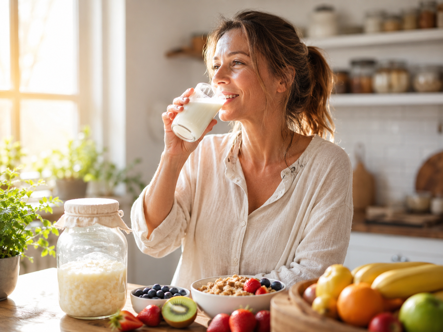 microbiote perte de poids femme buvant du kéfir dans une cuisine lumineuse le matin