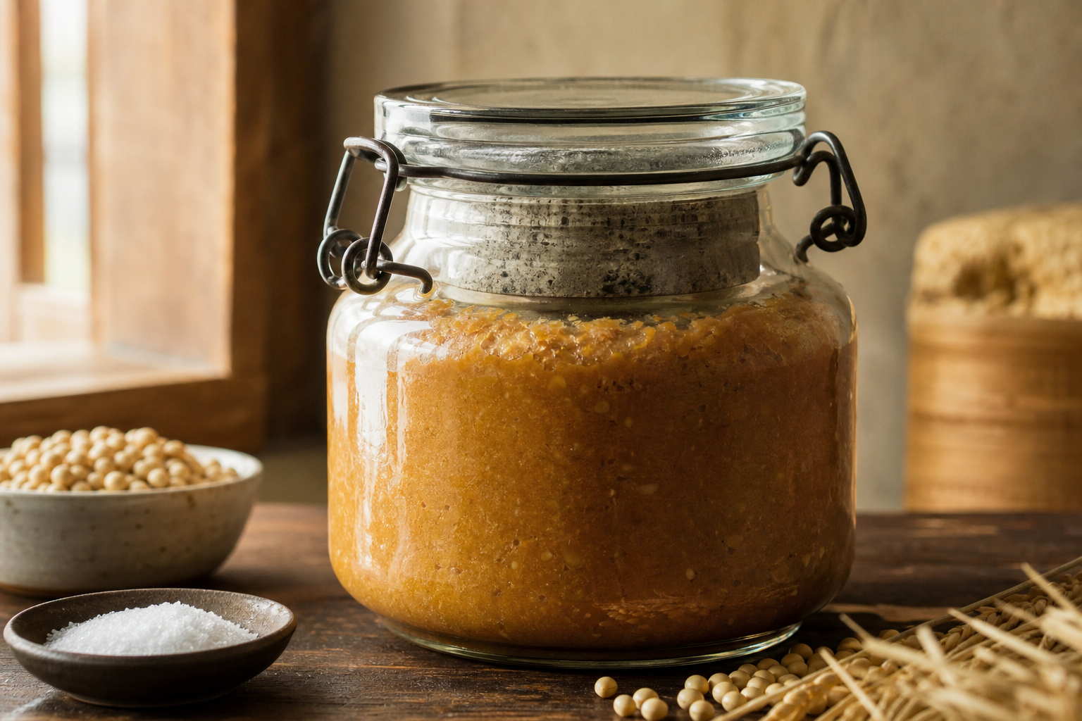Pot de miso maison en fermentation dans un bocal