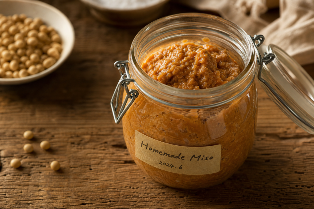 Pot de miso maison fermenté posé sur une table en bois