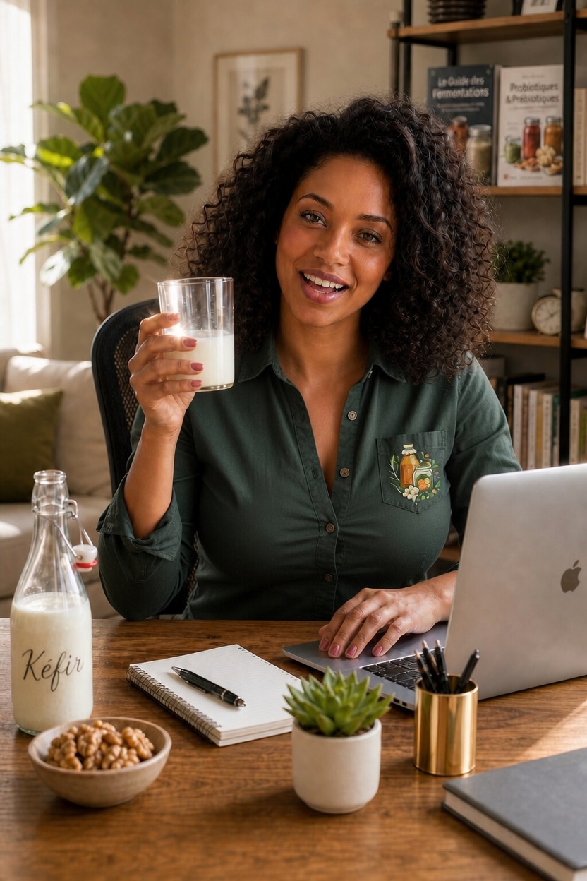 Murielle, fondatrice de Fermentation-Santé, tenant un verre de kéfir