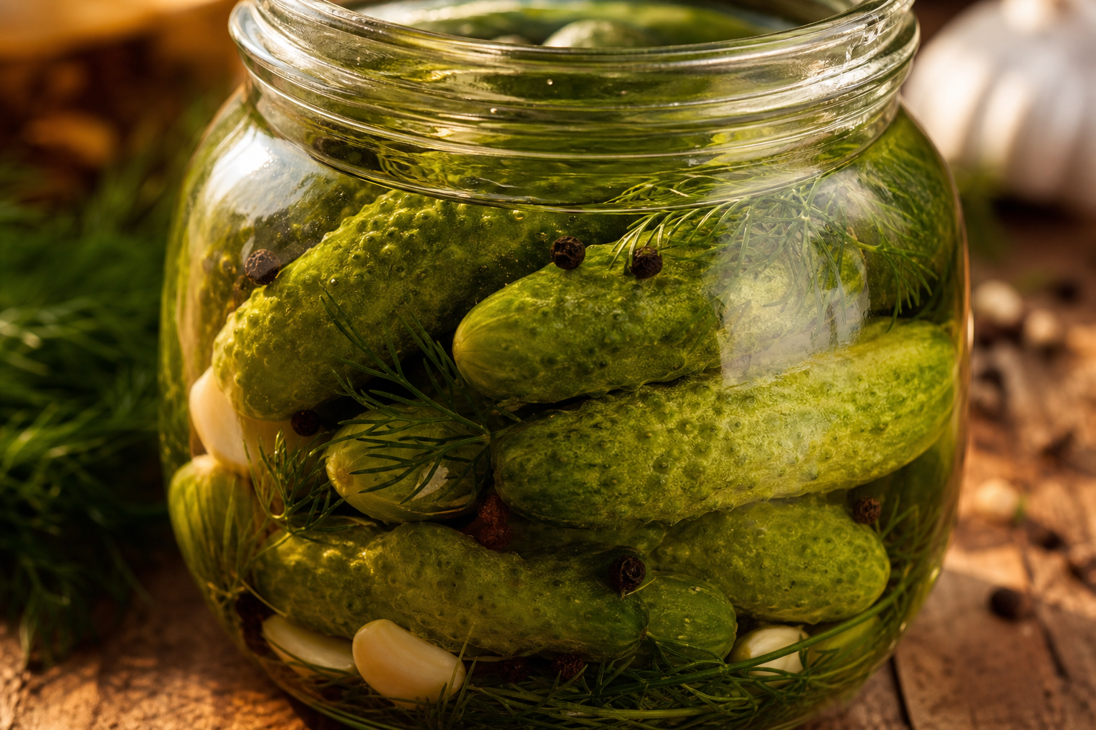 Pickles lactofermentés maison recette : cornichons en saumure prêts à fermenter dans leur bocal