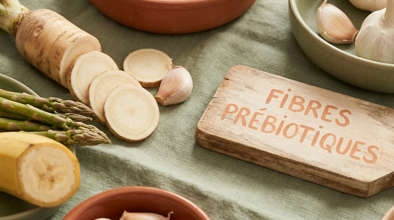 Aliments riches en fibres prébiotiques : racine de chicorée, ail, asperges et avocat disposés sur fond de lin sauge et terracotta