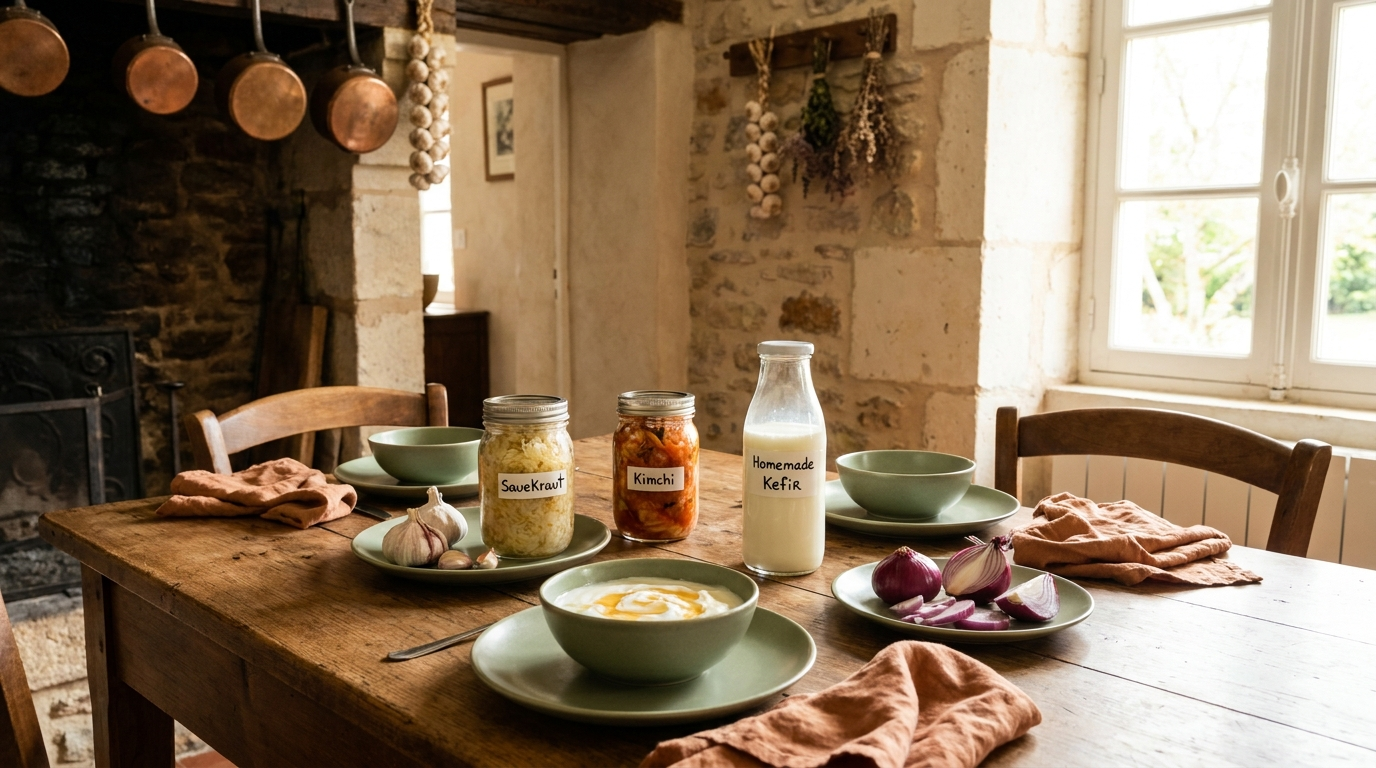 Table de cuisine avec pots de choucroute, kefir et aliments fermentés aux côtés d'ail et oignons frais, illustration du lien entre prébiotiques et fermentation