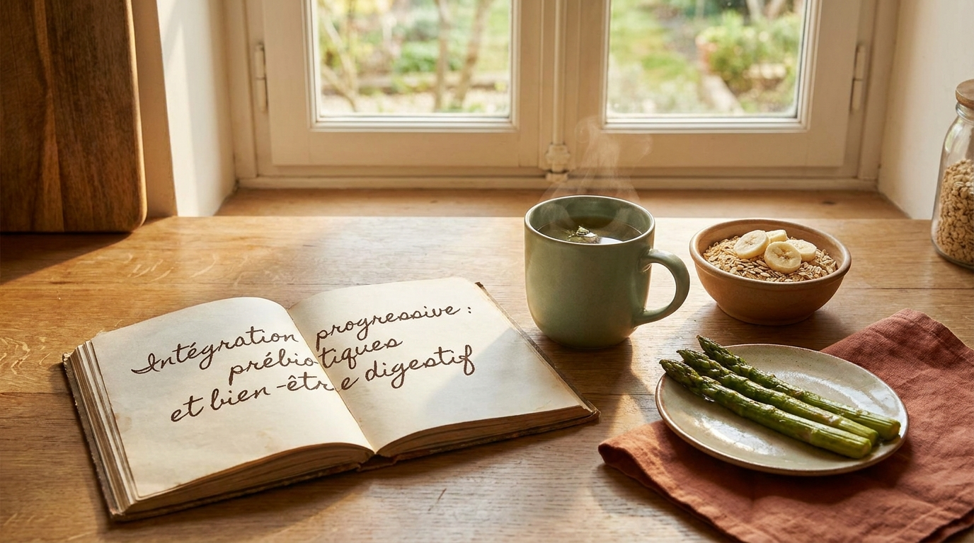 Journal de bien-être ouvert sur un comptoir de cuisine, tasse de tisane et bol d'avoine avec une banane, symbolisant l'intégration douce des prébiotiques au quotidien