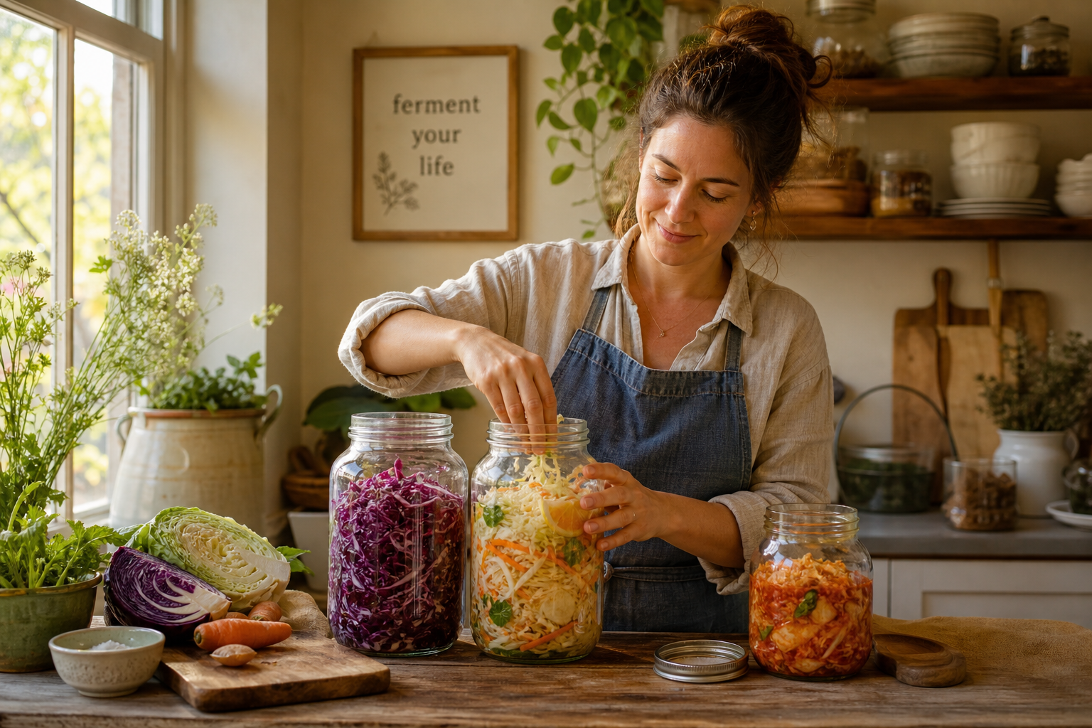 Femme sereine préparant des aliments fermentés dans sa cuisine