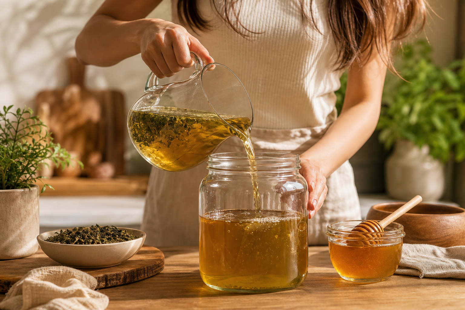 Kombucha jun recette thé miel : préparation du jun dans un bocal en verre avec thé vert et miel