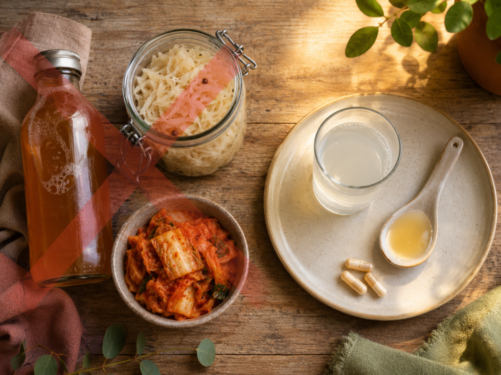 SIBO et fermentation comparatif aliments fermentés interdits et probiotiques en gélules sur table en bois