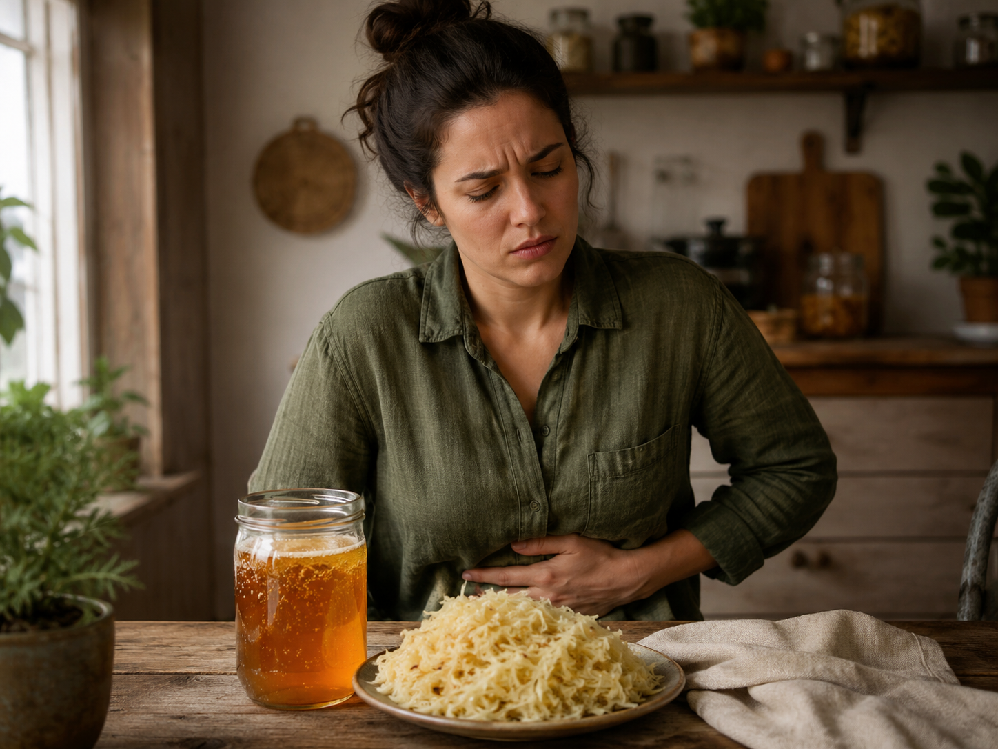 erreurs SIBO et fermentation femme ballonnements après avoir mangé trop de choucroute et kombucha
