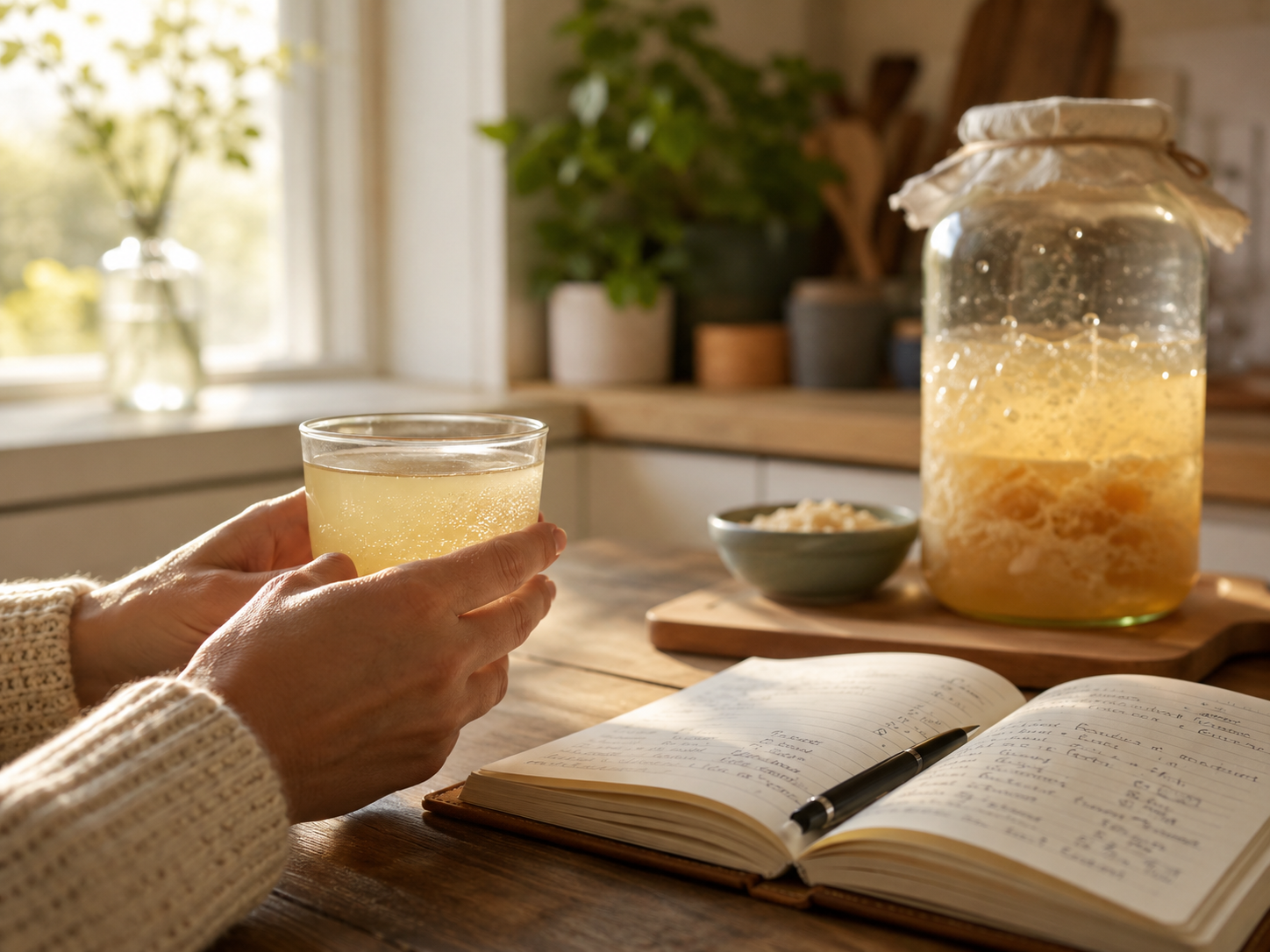 femme tenant un verre de kéfir d eau avec journal de suivi et bocal de fermentation pour protocole SIBO
