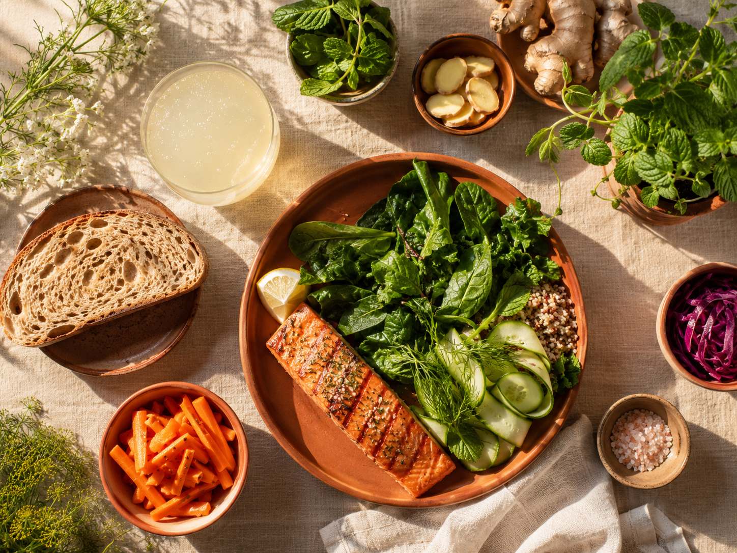 assiette anti-inflammatoire reconstruction microbiote après SIBO avec saumon légumes verts kéfir et fermentés