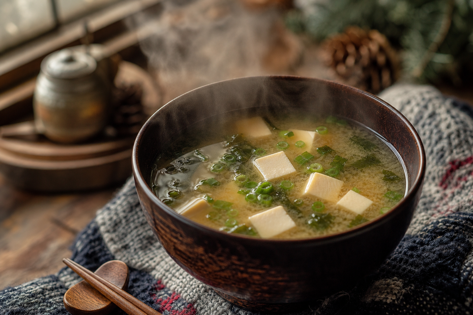 Bol de soupe miso fumant servi en hiver