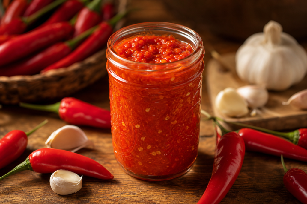 Bocal de sriracha fermentée maison avec piments rouges frais sur table