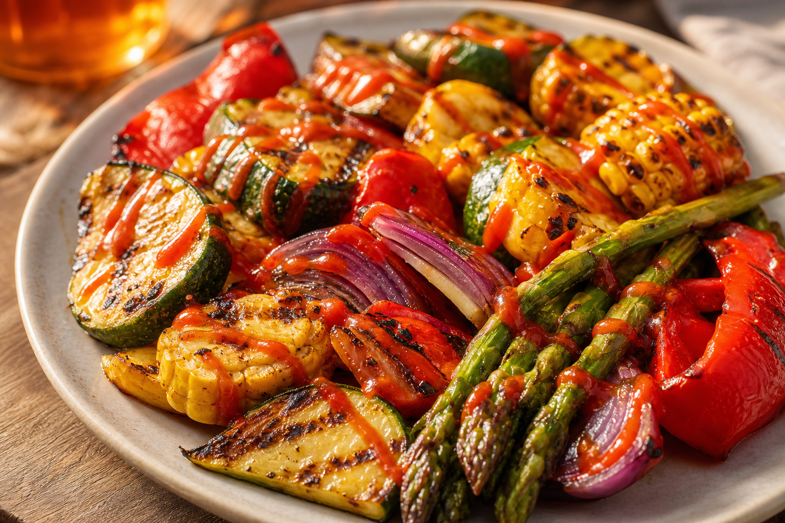 Sauce sriracha maison rouge brillante versée sur des légumes grillés