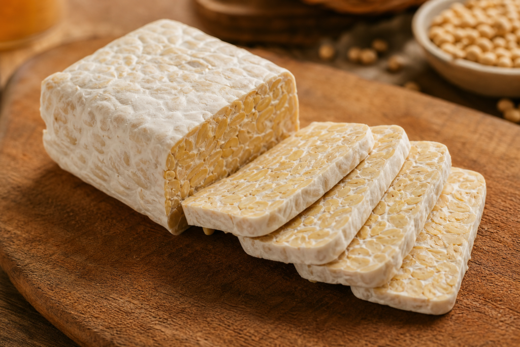 Bloc de tempeh maison fermenté et tranché sur planche en bois