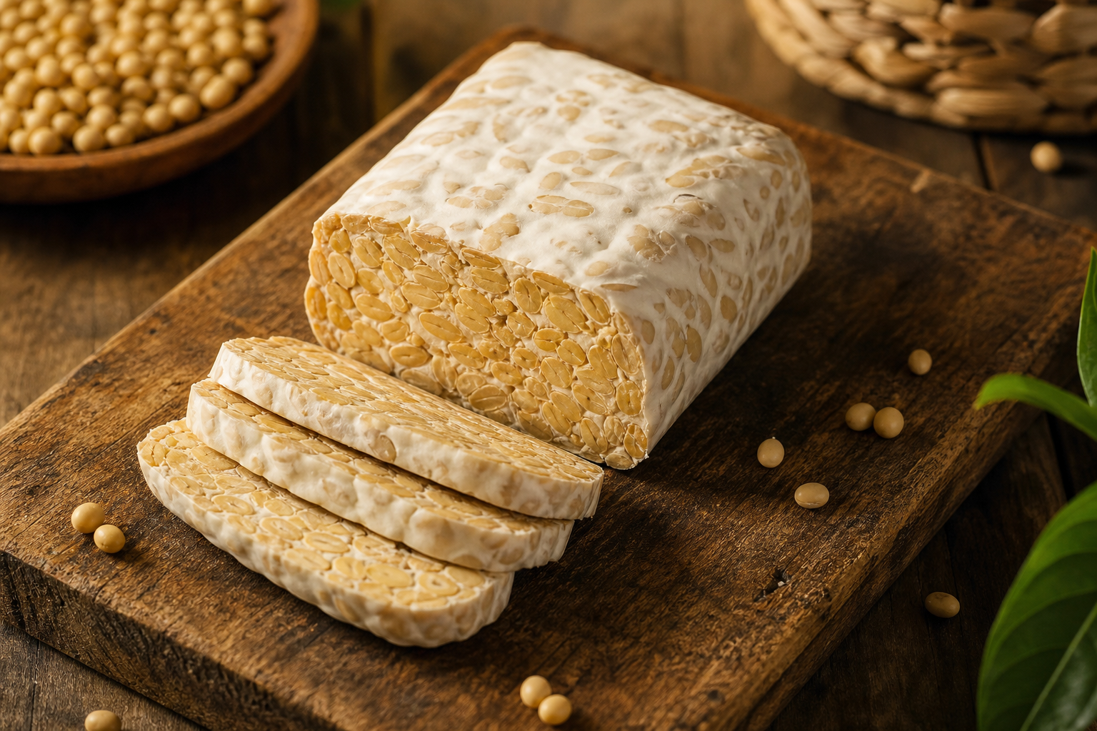 Bloc de tempeh maison tranché sur une planche en bois