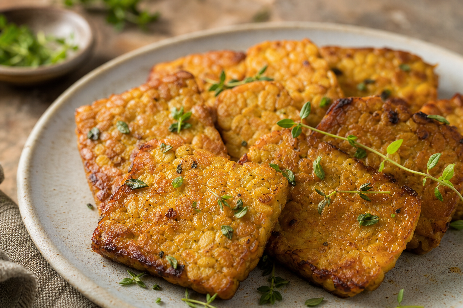 Tranches de tempeh maison dorées et marinées dans une assiette