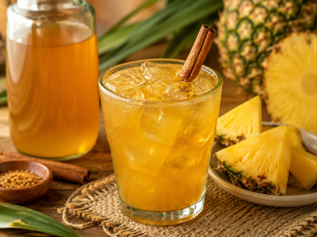 tepache recette boisson fermentée ananas servie dans un verre avec glaçons cannelle et tranches d'ananas sur table en bois
