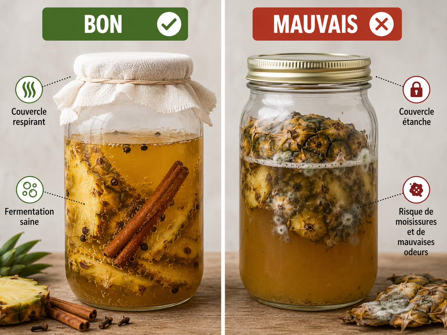 Erreurs courantes tepache : bocal avec moisissure vs bocal réussi