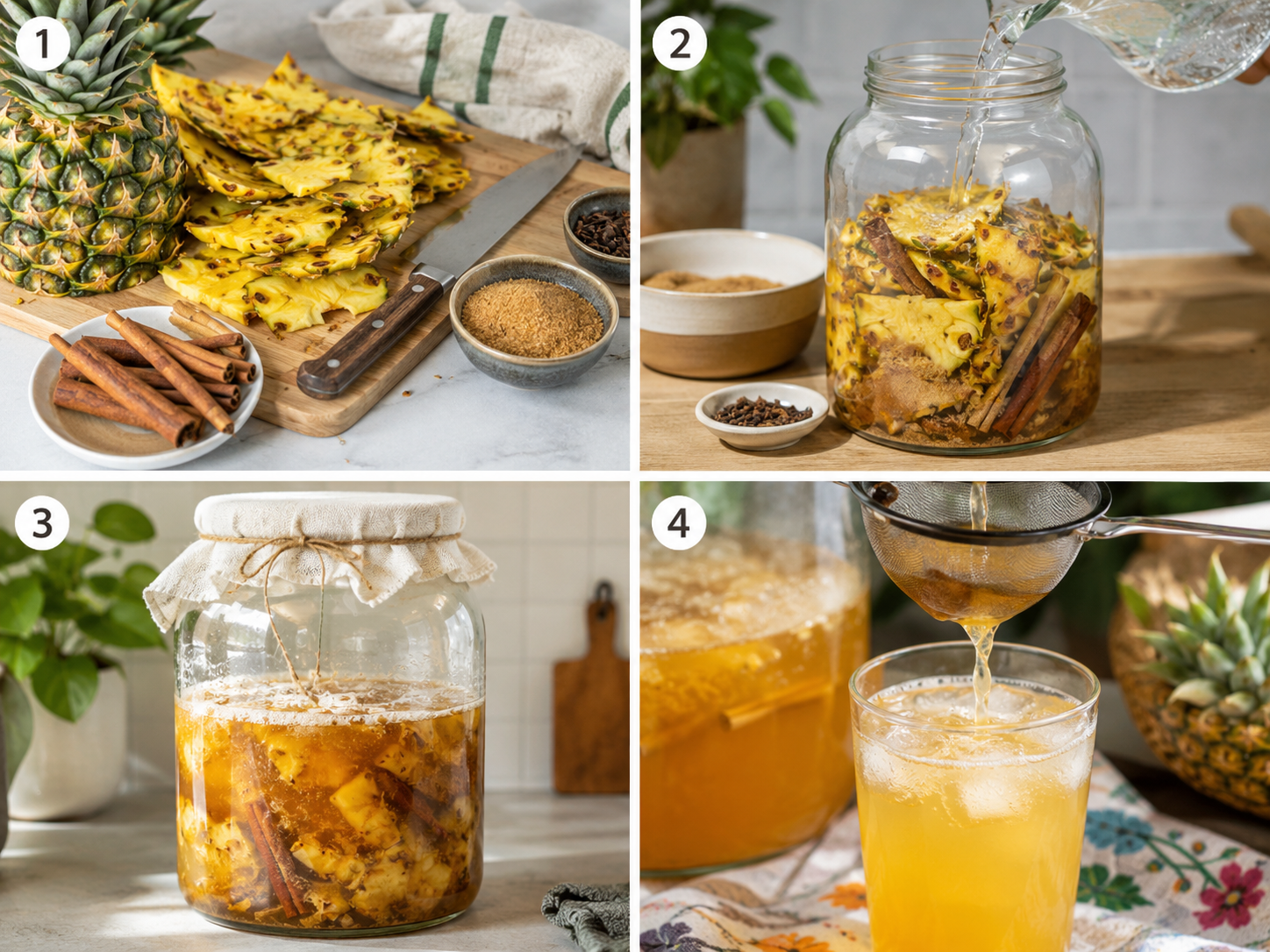 Tepache recette : étapes de préparation dans un bocal en verre