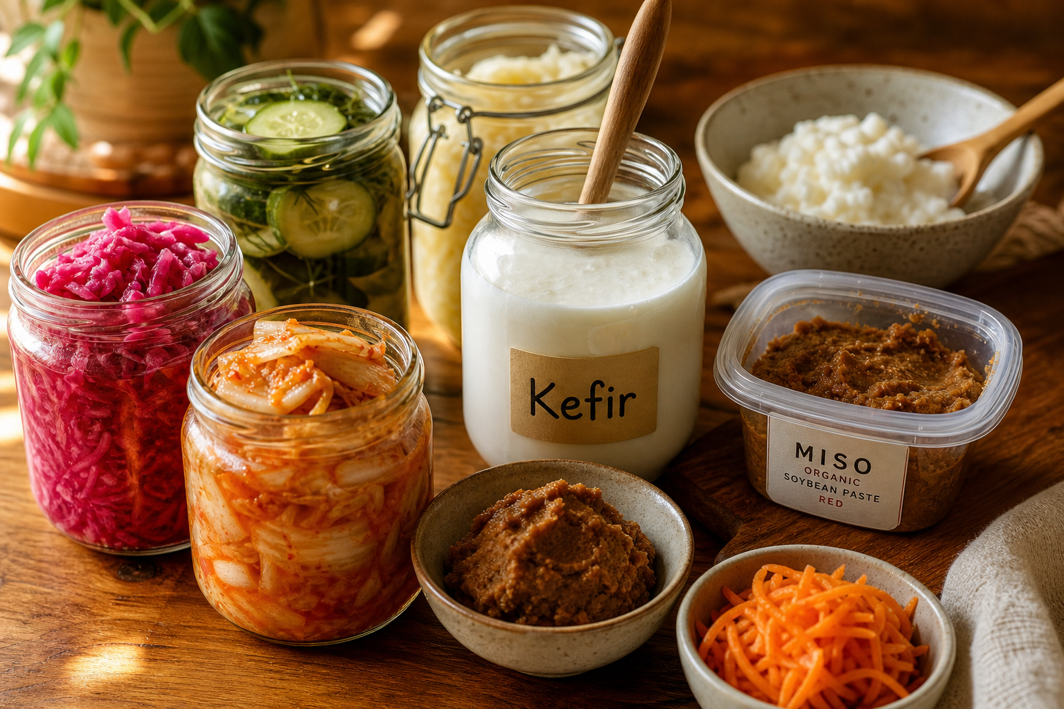 Variété de boissons et légumes fermentés colorés sur une table
