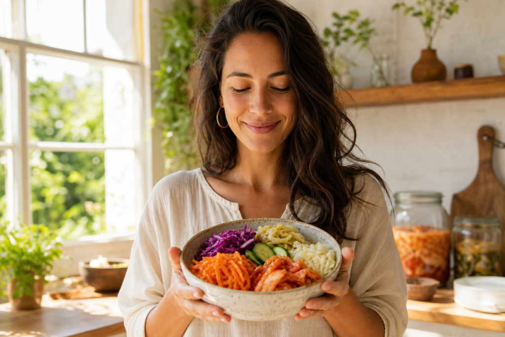 Femme sereine tenant un bol d'aliments fermentés pour apaiser son intestin