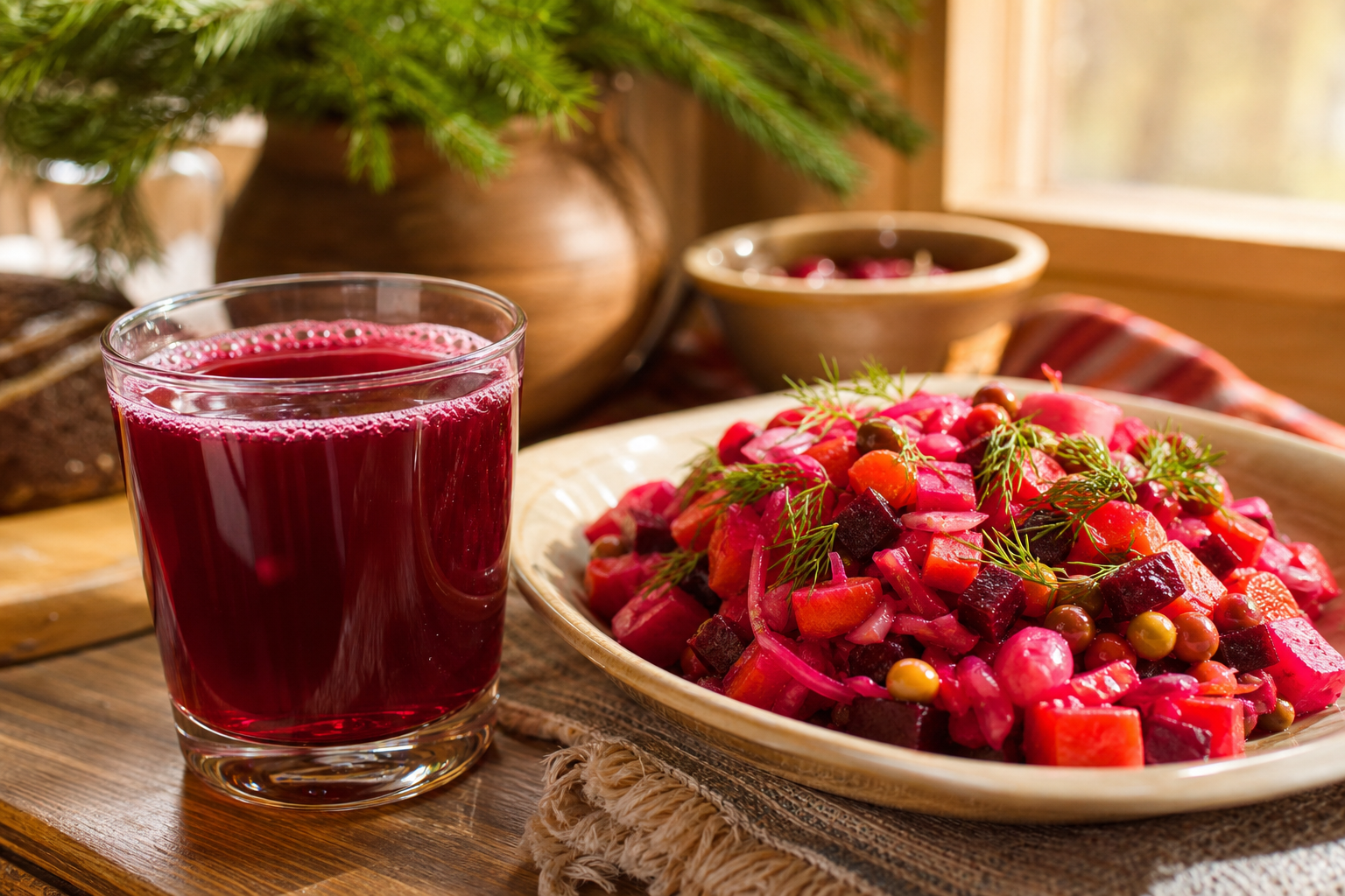 Verre de kvas betterave maison recette rubis servi avec une salade hivernale