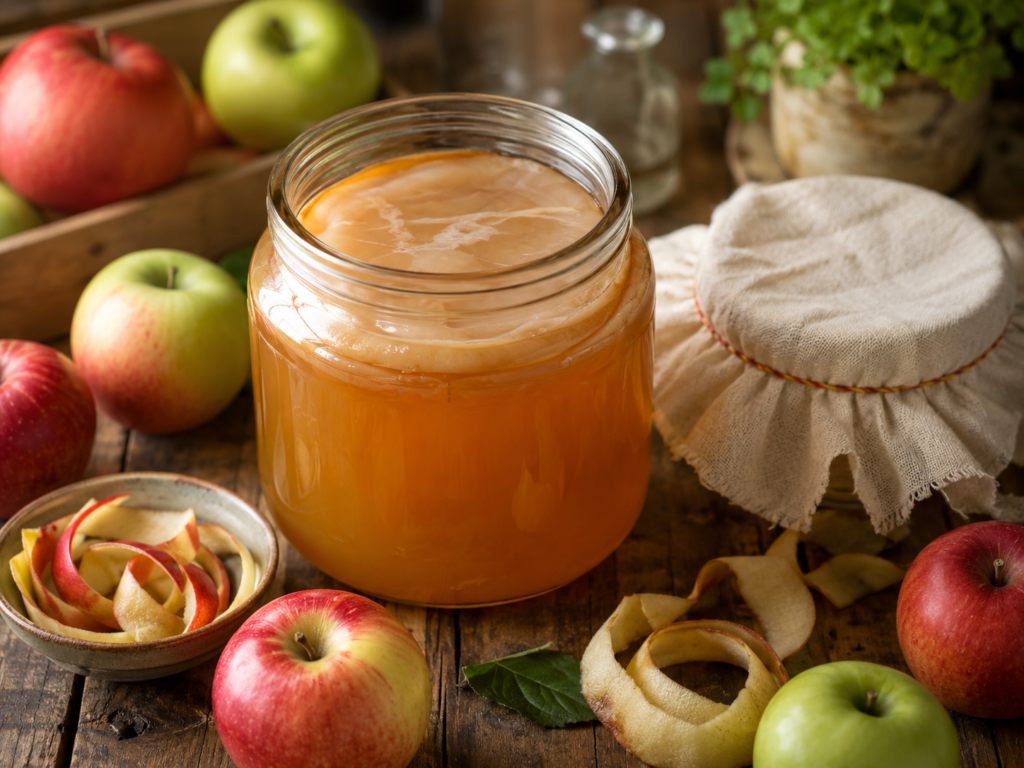 main versant du vinaigre de cidre maison dans un verre d eau avec tranche de pomme et bocal de fermentation