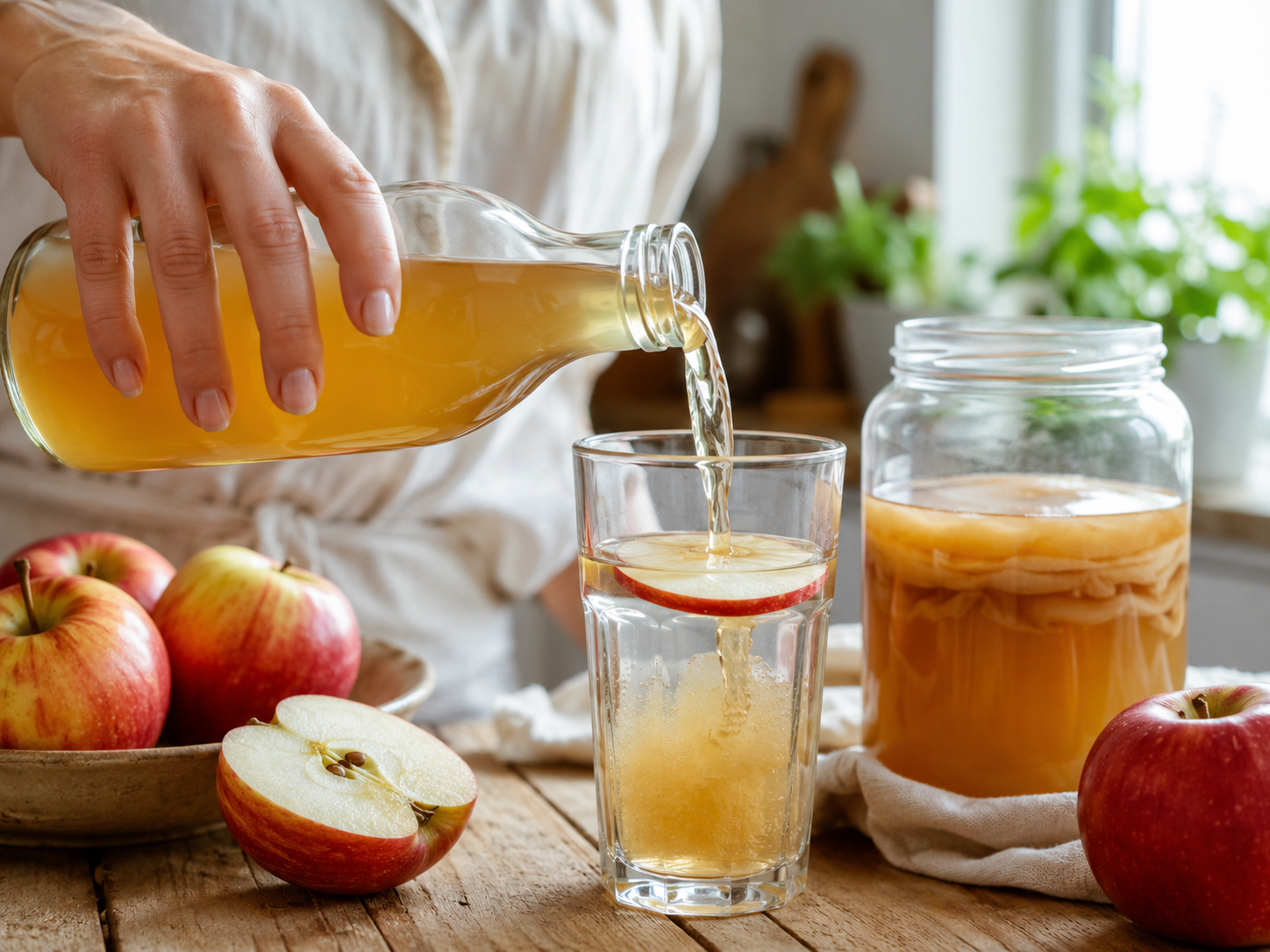 verre de vinaigre de cidre maison dilué dans eau avec tranche de pomme et mère de vinaigre
