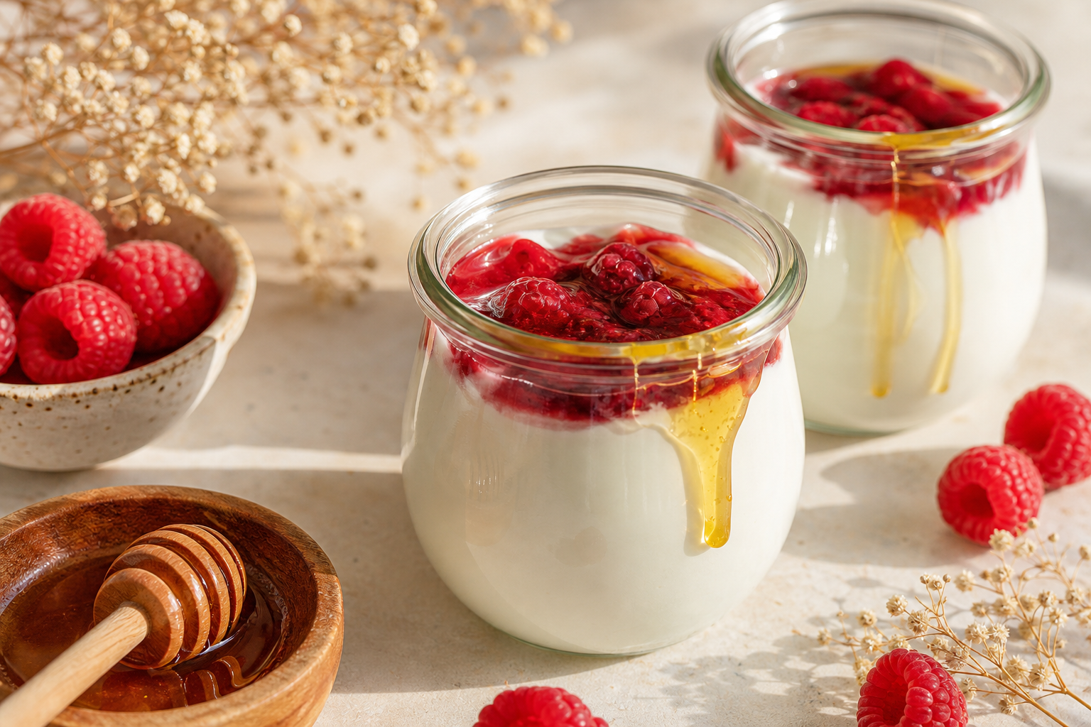 Yaourts maison nappés de coulis de fruits rouges et miel