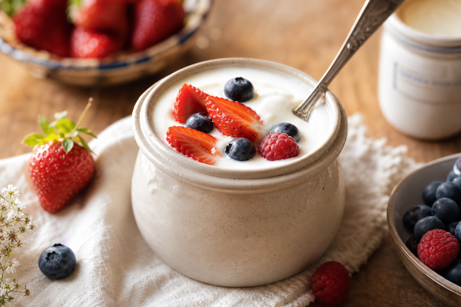 Pot de yaourt maison crémeux avec cuillère et fruits frais