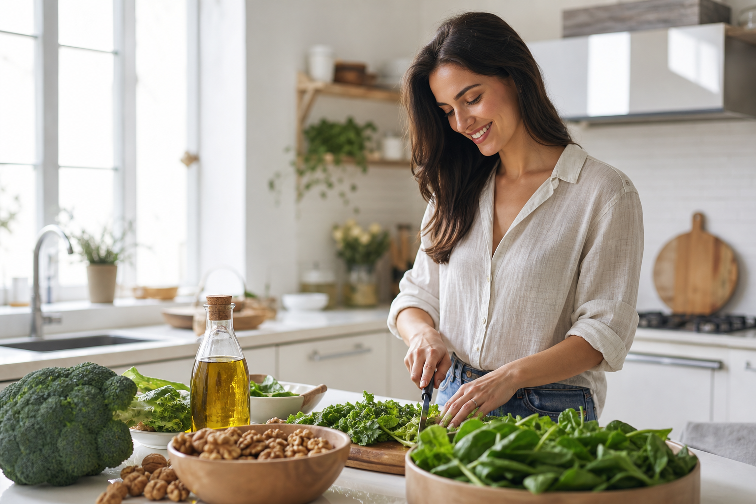 aliments anti-inflammatoires liste légumes verts et huile olive sur marbre