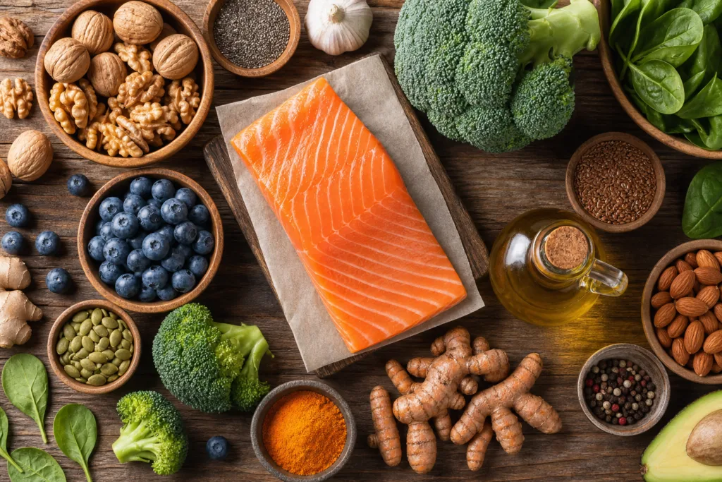 aliments anti-inflammatoires liste variés sur table en bois