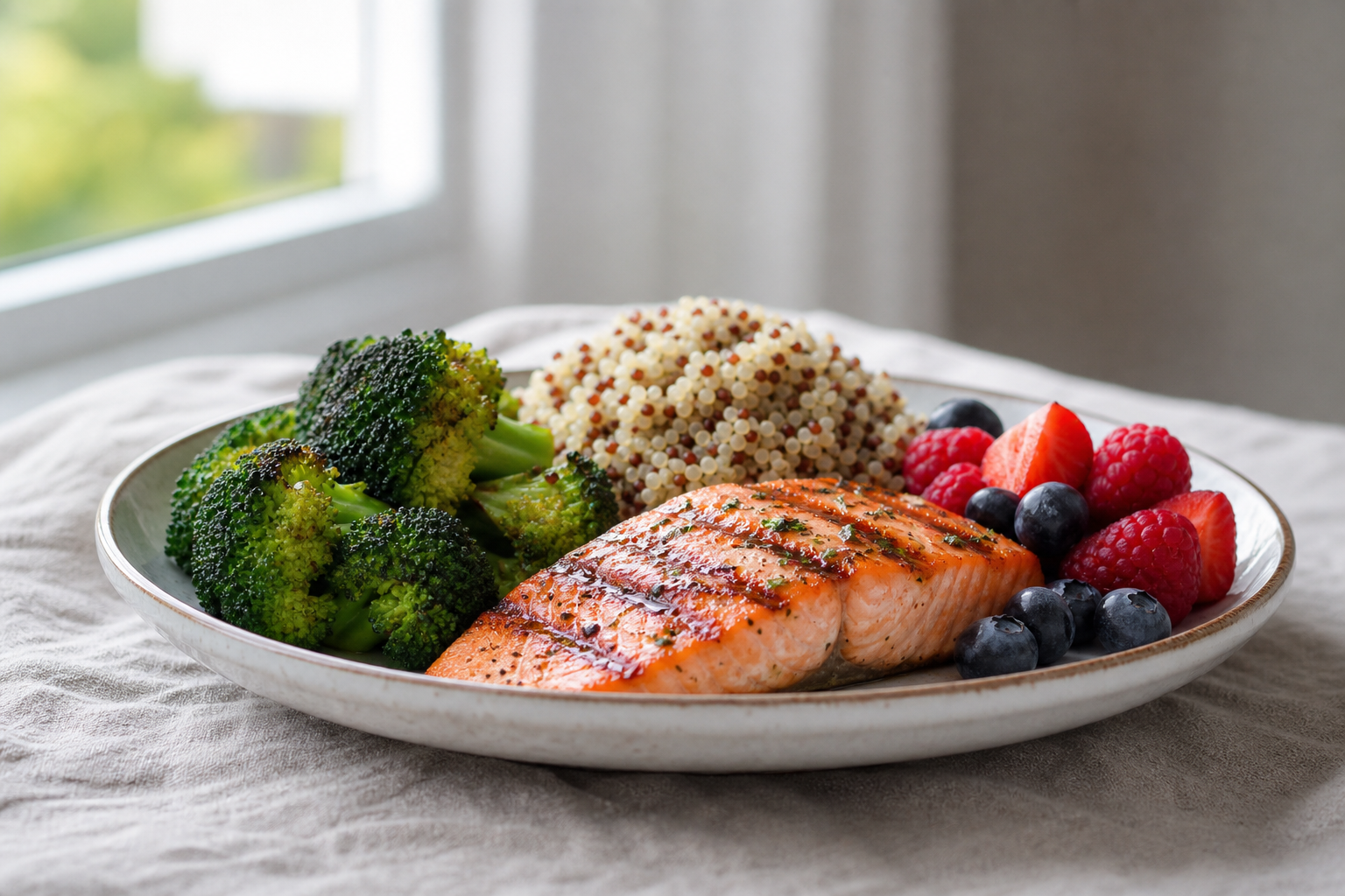 aliments anti-inflammatoires liste repas coloré saumon brocoli et baies