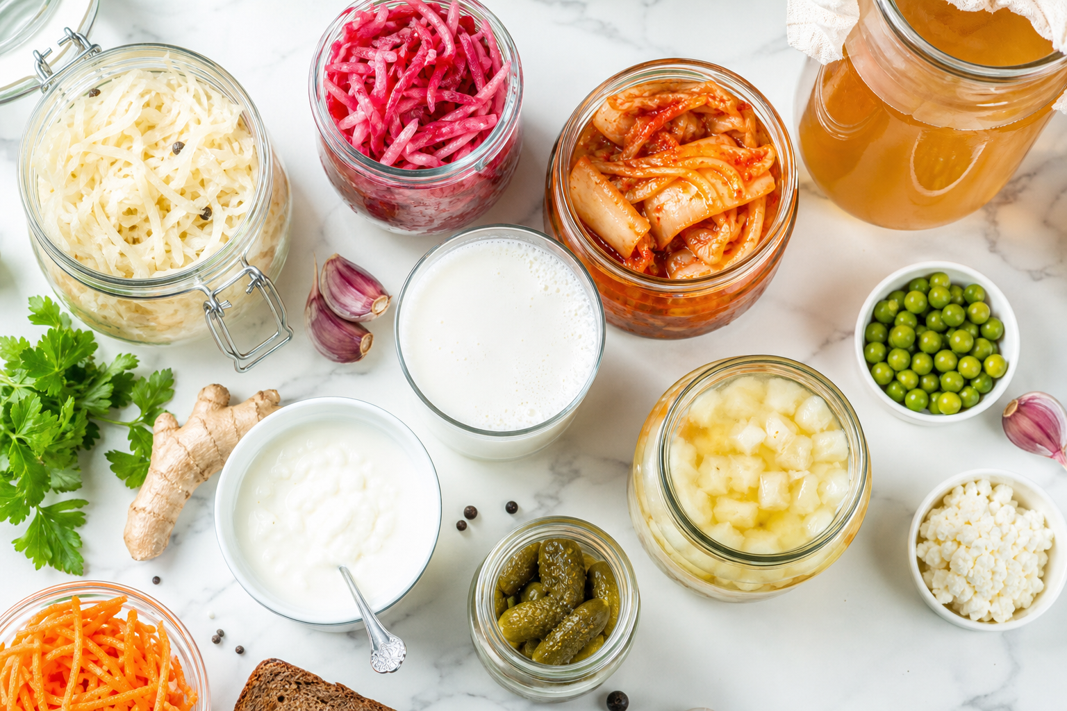 Assortiment coloré aliments fermentés kéfir choucroute kimchi kombucha sur table