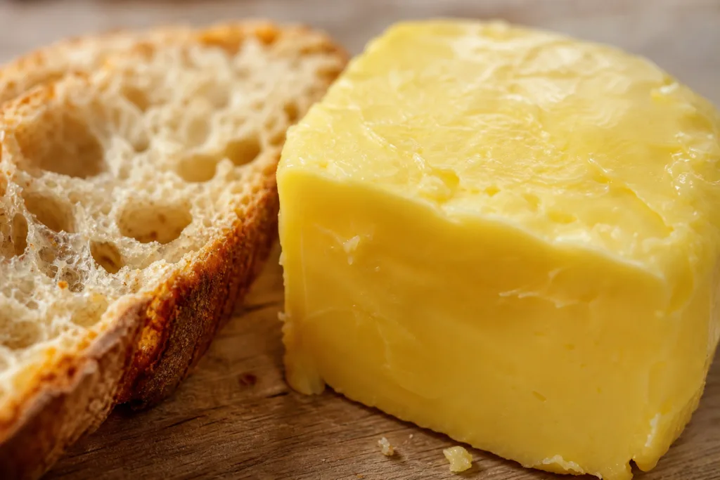 Motte de beurre fermenté maison doré avec tartine de pain frais