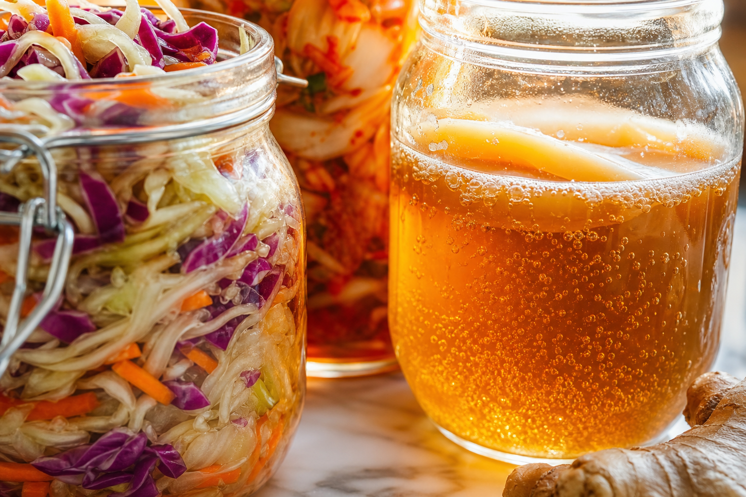 Bocaux colorés de légumes fermentés kéfir et kombucha faits maison