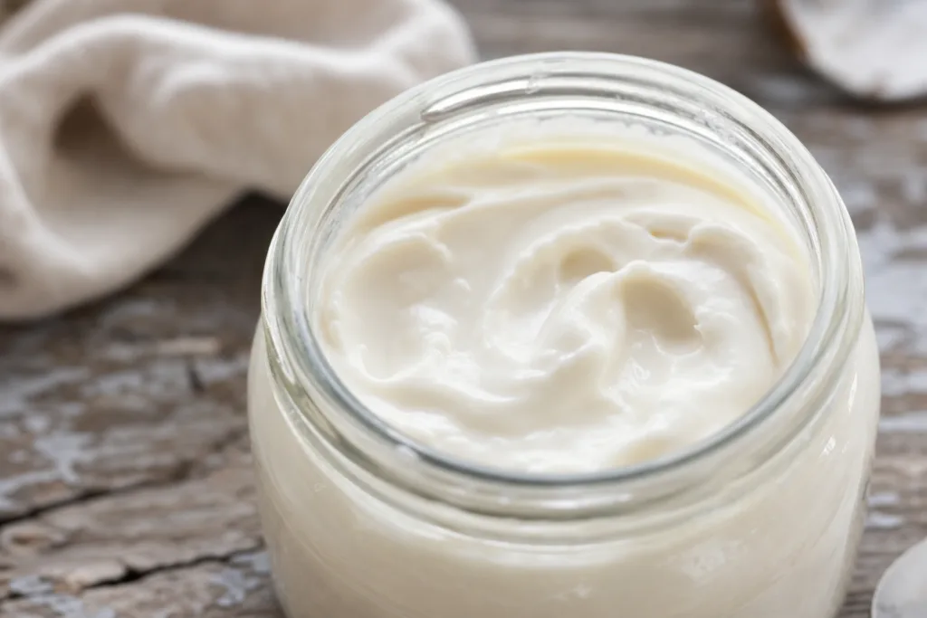 Bocal de crème fraîche fermentée maison onctueuse sur table