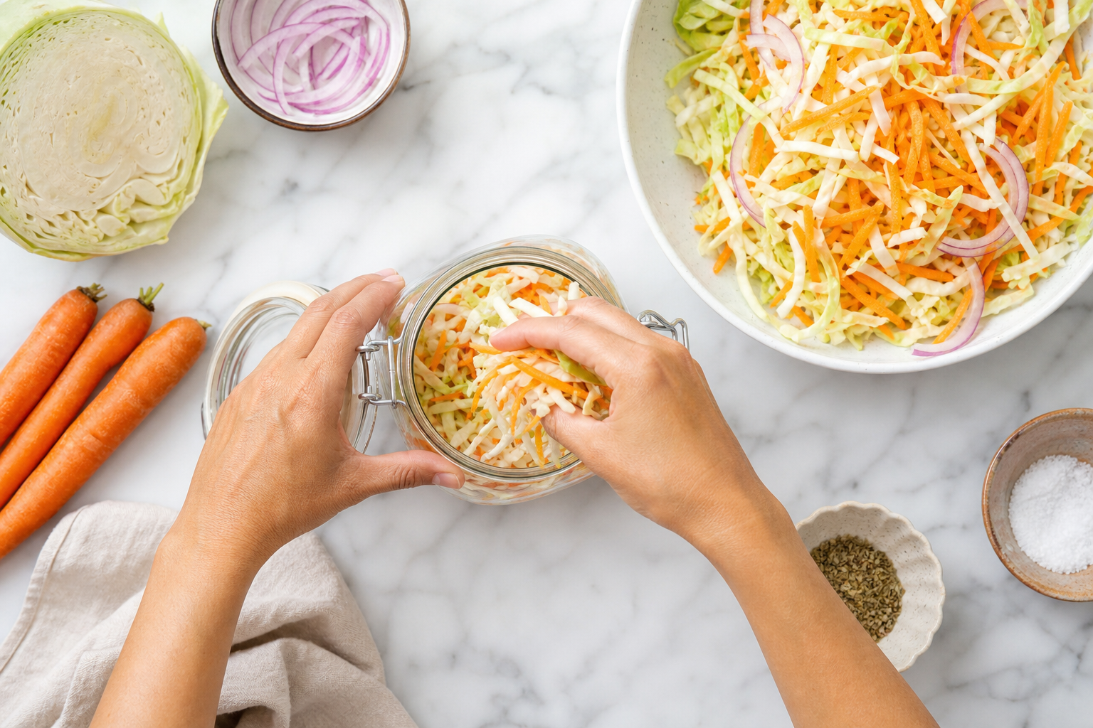 Curtido recette fermenté salvadorien en bocal avec chou carotte oignon