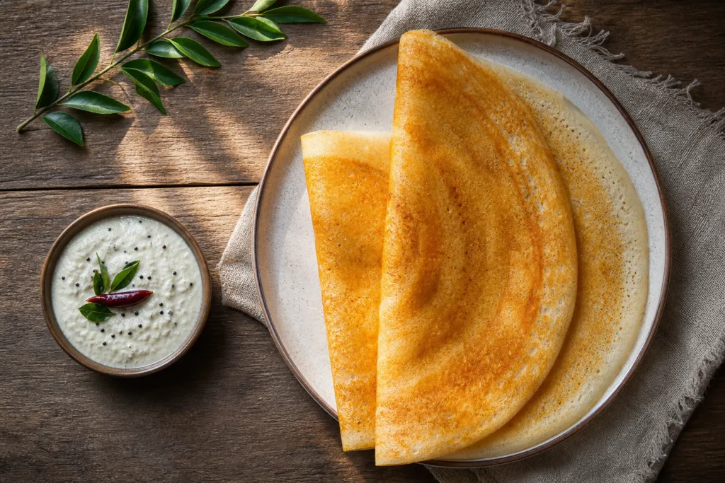 Dosa crêpes fermentées recette dorées et croustillantes servies avec chutney