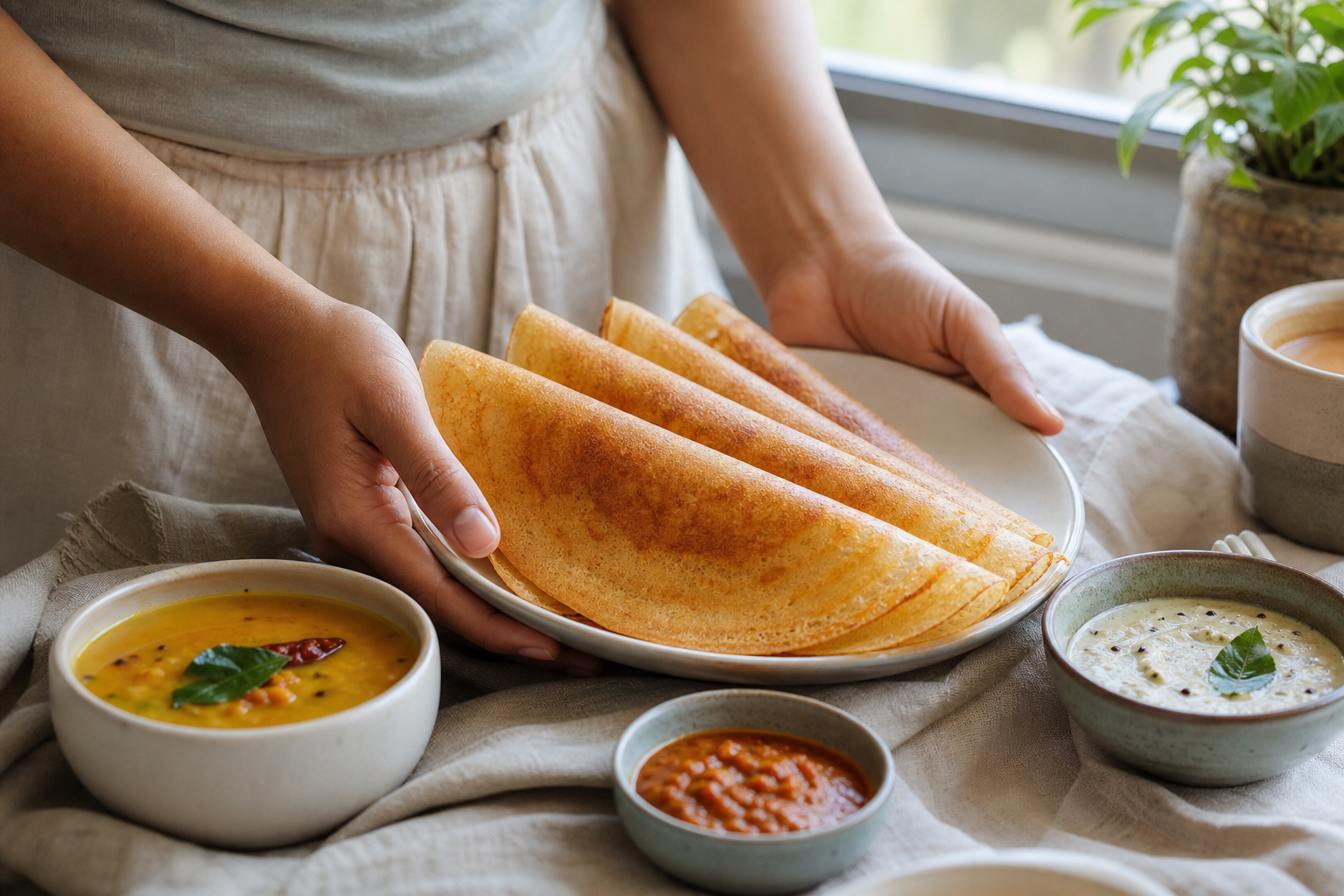 Assiette de dosa crêpes fermentées recette dorées et croustillantes au petit-déjeuner