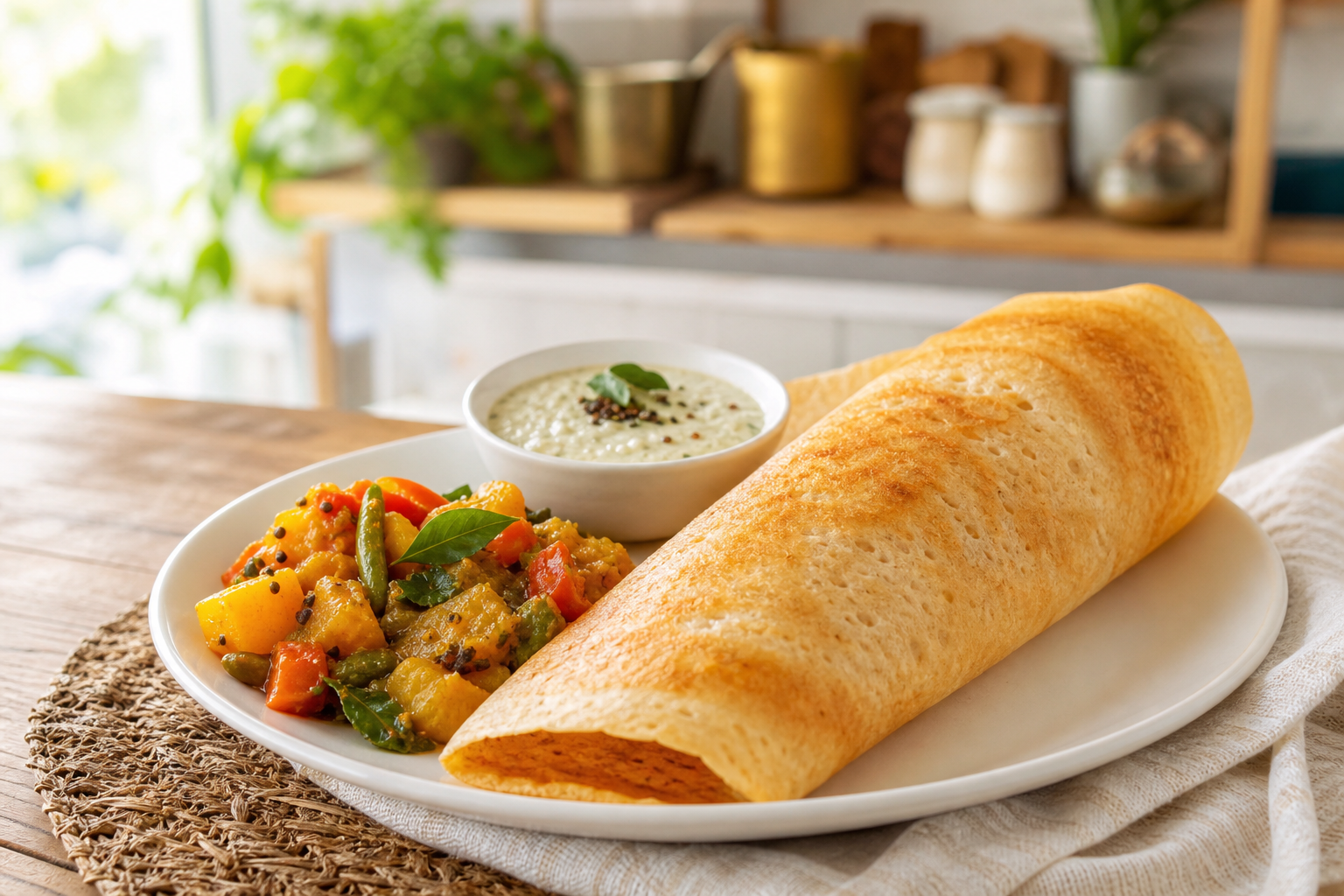 Dosa crêpes fermentées recette servie avec sauce coco et curry de légumes