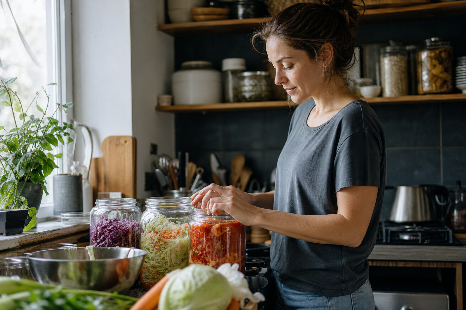 Femme sereine préparant aliments fermentés en cuisine chaleureuse