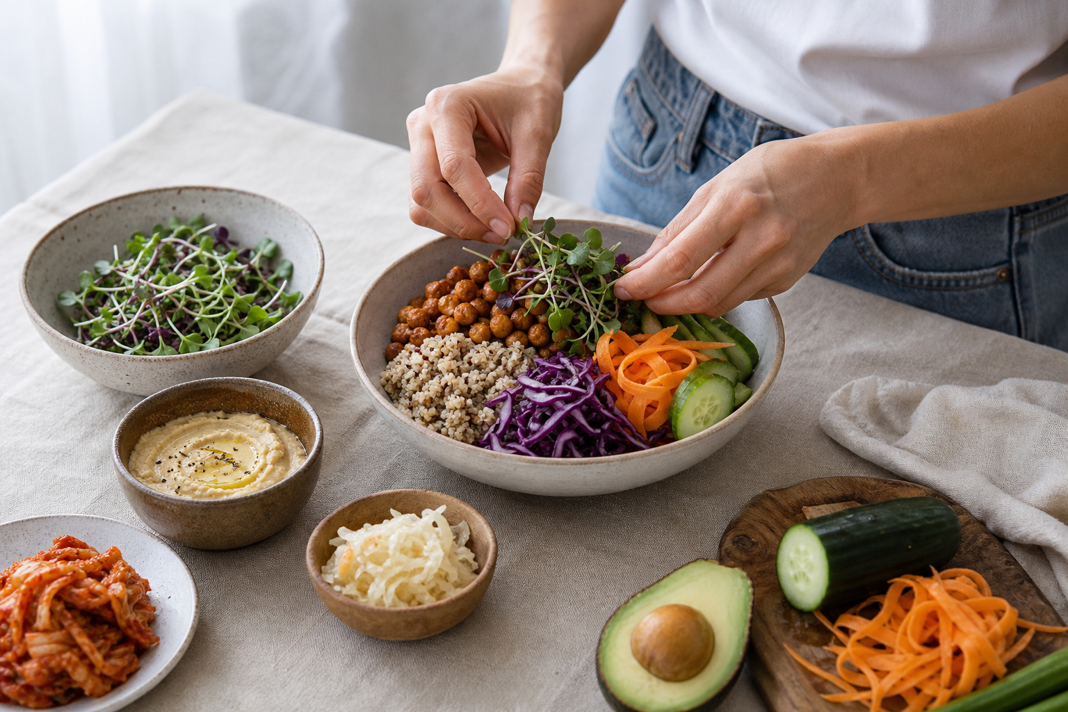Femme sereine préparant un repas sain pour son équilibre hormonal