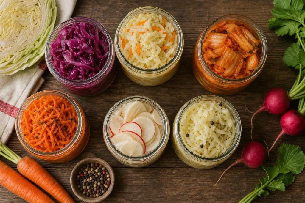 Fermentation budget alimentation avec bocaux de légumes colorés économiques
