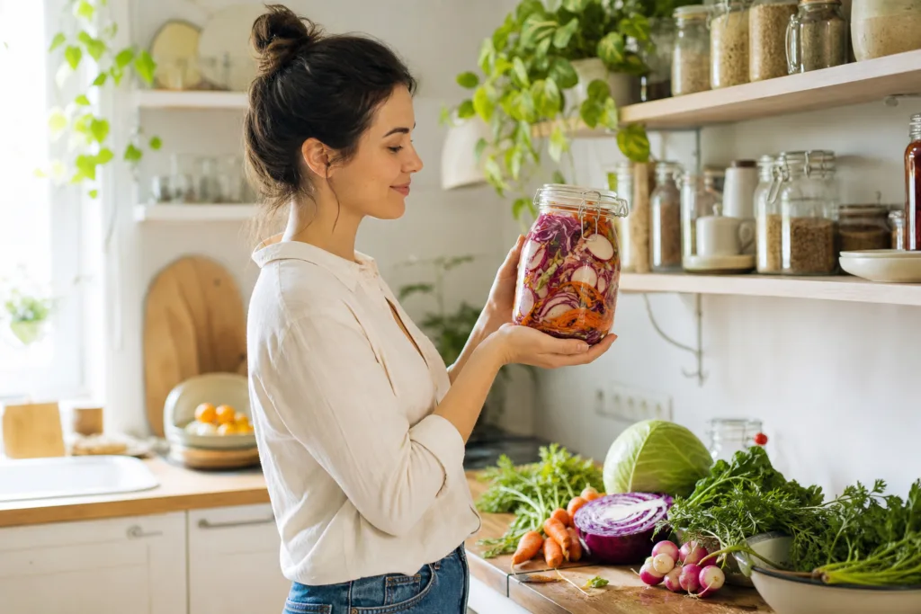 Femme sereine tenant un bocal de légumes fermentés en cuisine lumineuse