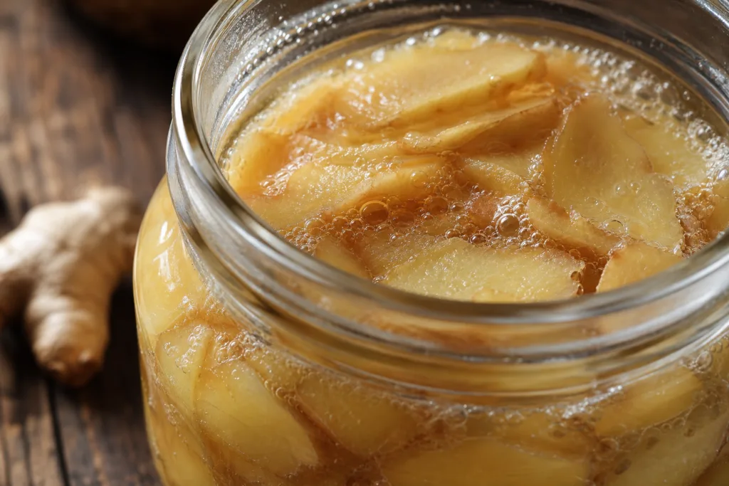 Gingembre fermenté bienfaits dans un bocal artisanal sur table rustique