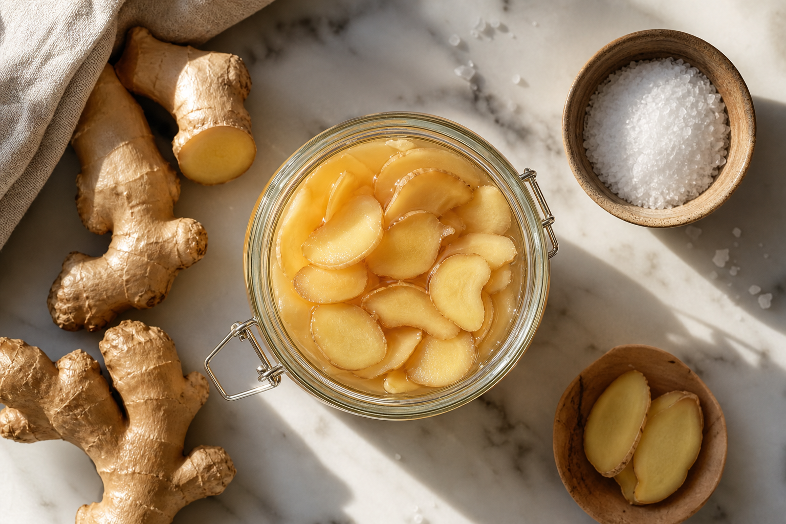 Gingembre fermenté bienfaits dans un bocal en verre sur table en bois