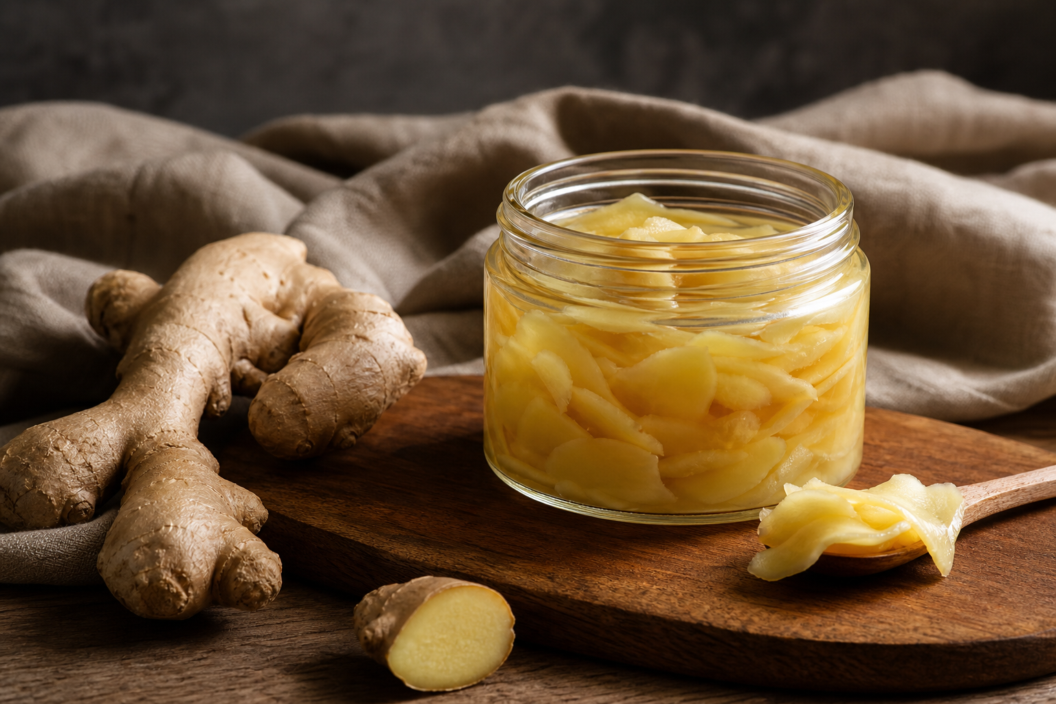 Gingembre fermenté bienfaits présenté sur une planche avec racines fraîches