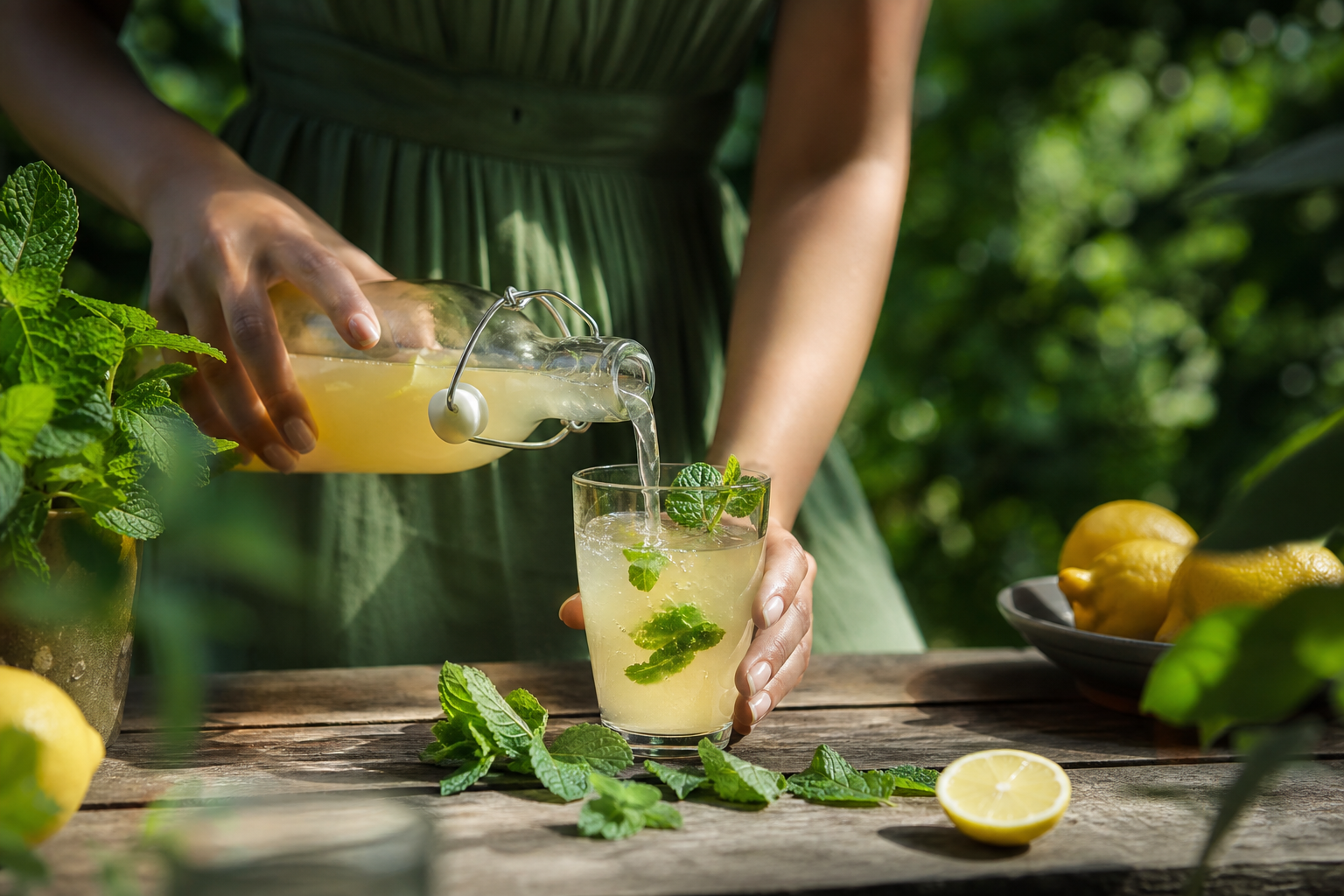 Verre de limonade fermentée maison pétillante servie au jardin en été